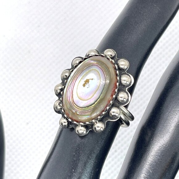 Iridescent Abalone Shell Silver-Tone Metal Adjustable Band Ring Size 6.25 VTG - Picture 7 of 8